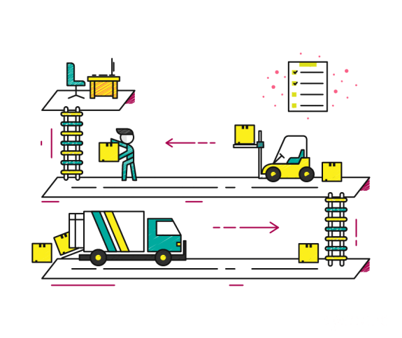 Illustration of warehouse logistics with worker, forklift, and delivery truck.
