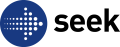 Blue circular logo with white dot arrow design on left