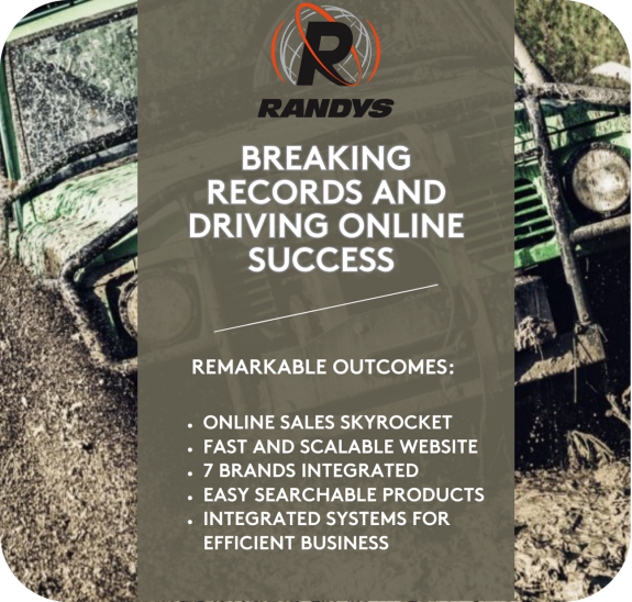Randys promotional image with off-road vehicle and online success outcomes listed.