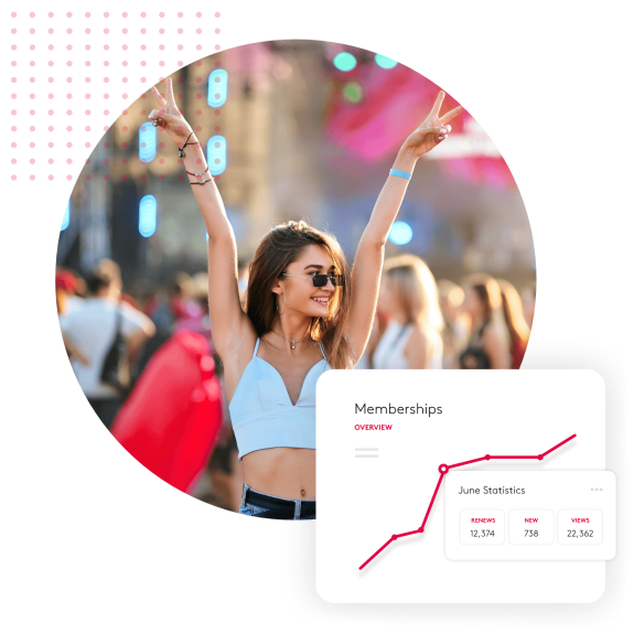 Woman celebrating at an outdoor concert with a statistics graph overlay.