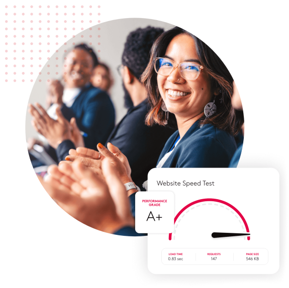 Smiling woman clapping with A+ website speed test result.