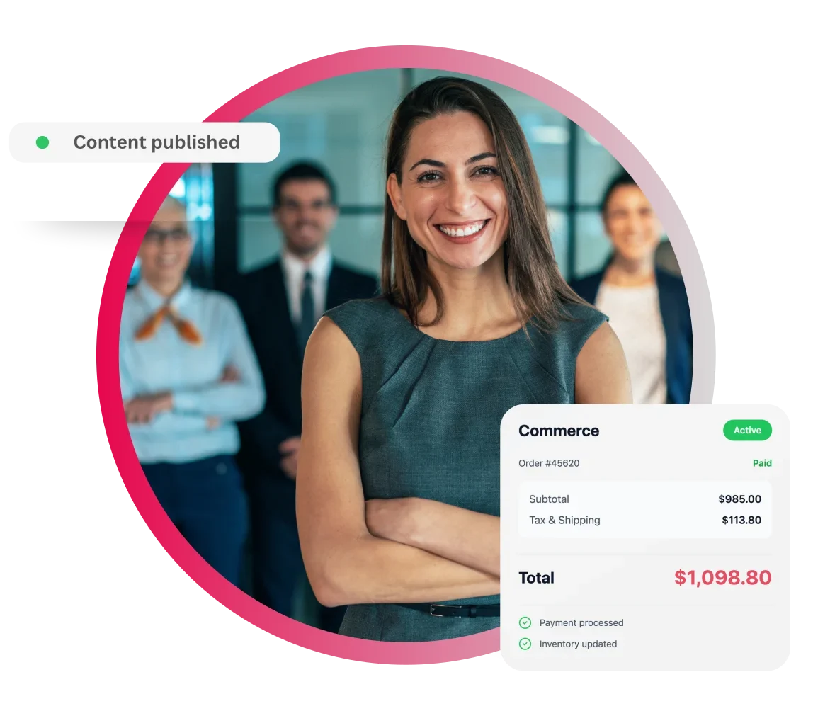 Smiling businesswoman with team and commerce dashboard showing total of $1,098.80.
