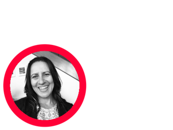 Smiling woman in black and white portrait with red circular border.