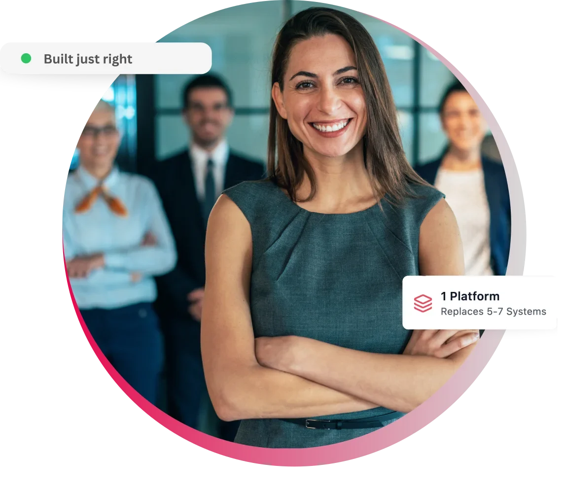 Confident woman in business attire stands with team, promoting platform solution.
