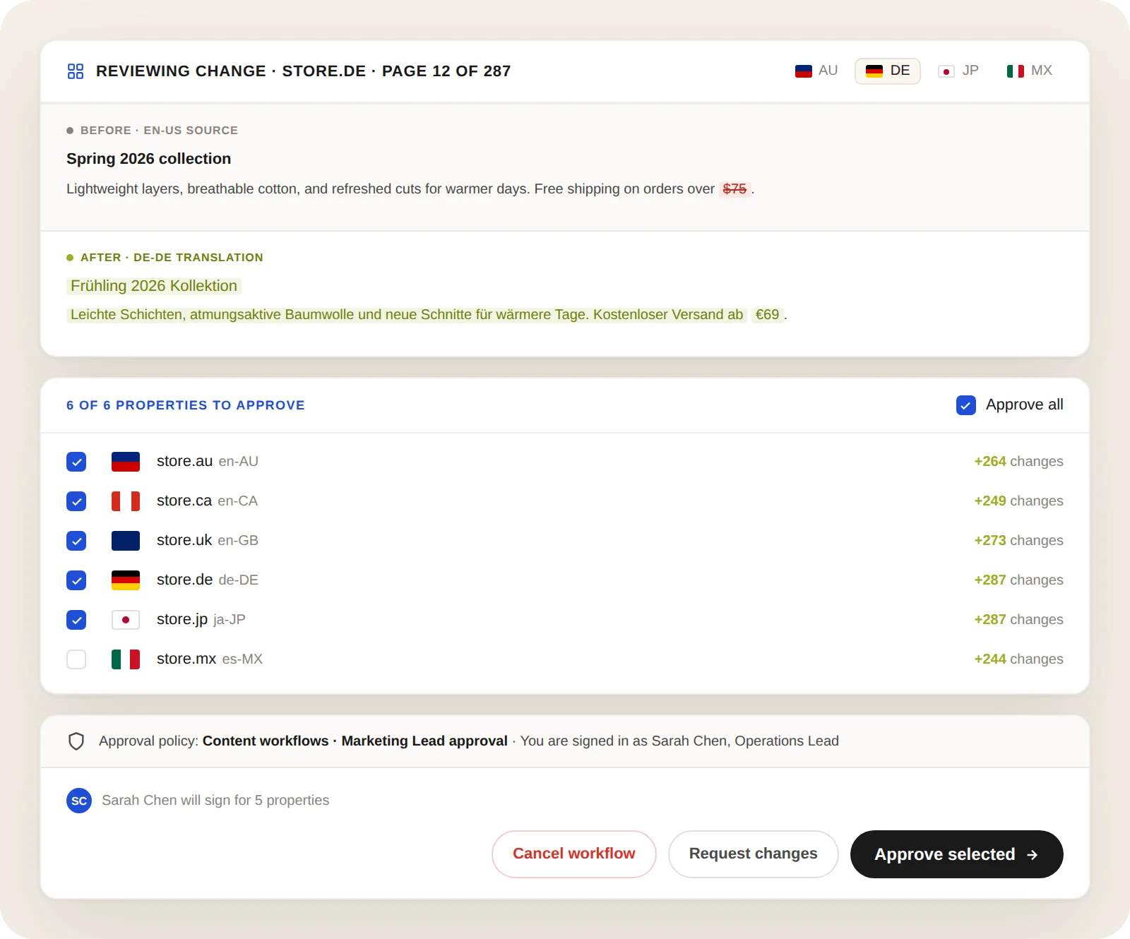 Interface showing translation review workflow with language options and approval process.