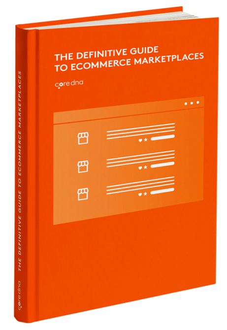 Orange book cover titled 'The Definitive Guide to Ecommerce Marketplaces' by coredna.