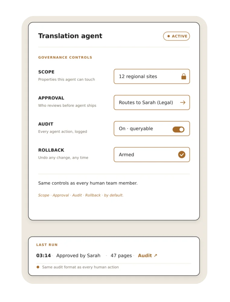 Translation agent governance controls with scope, approval, audit, and rollback options.