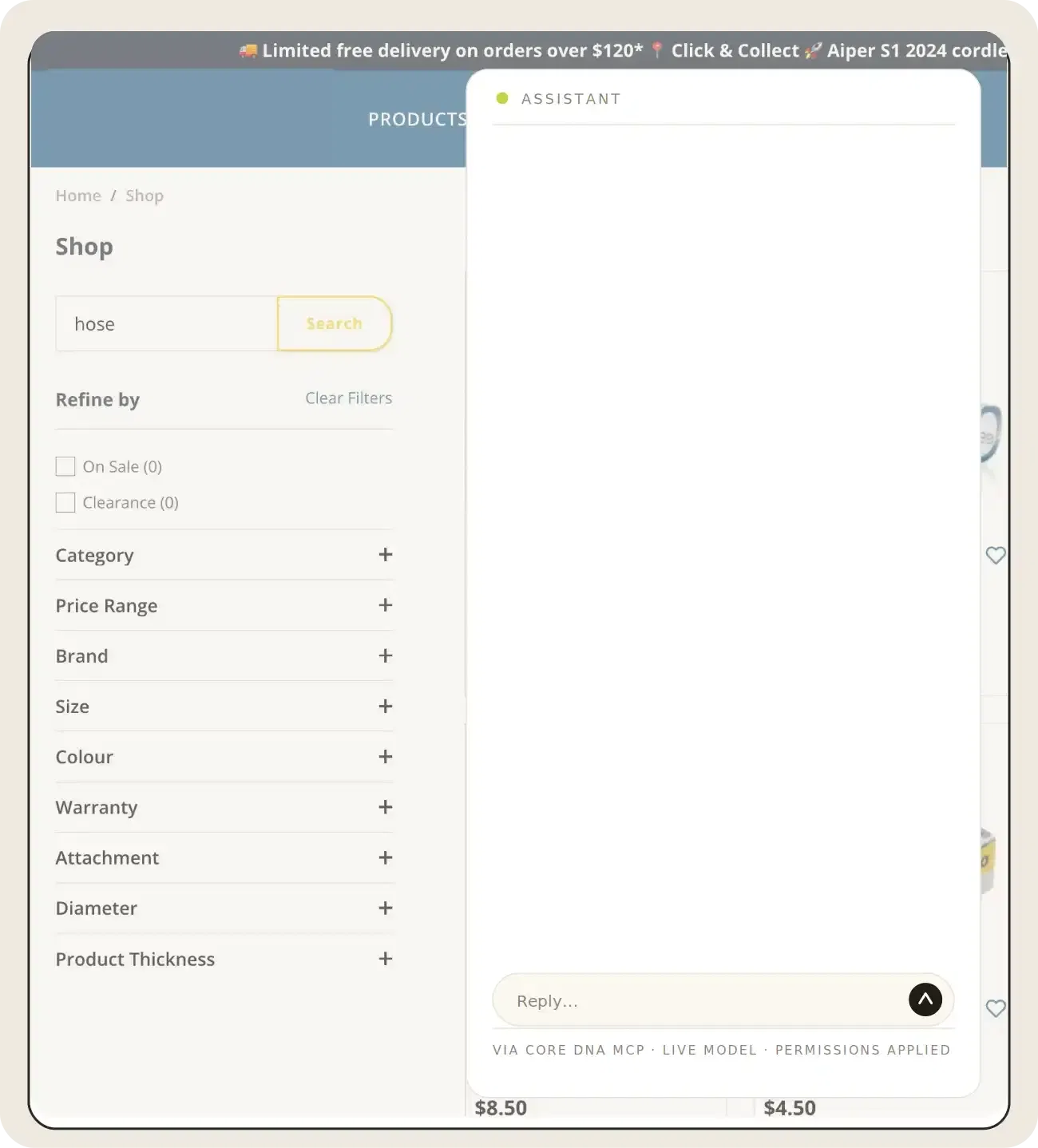Online shop interface showing search for hose and filter options.