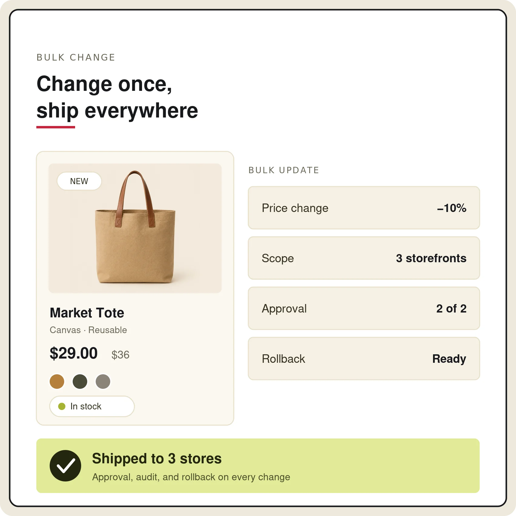 Screen displaying bulk change for market tote with price update and shipping status.