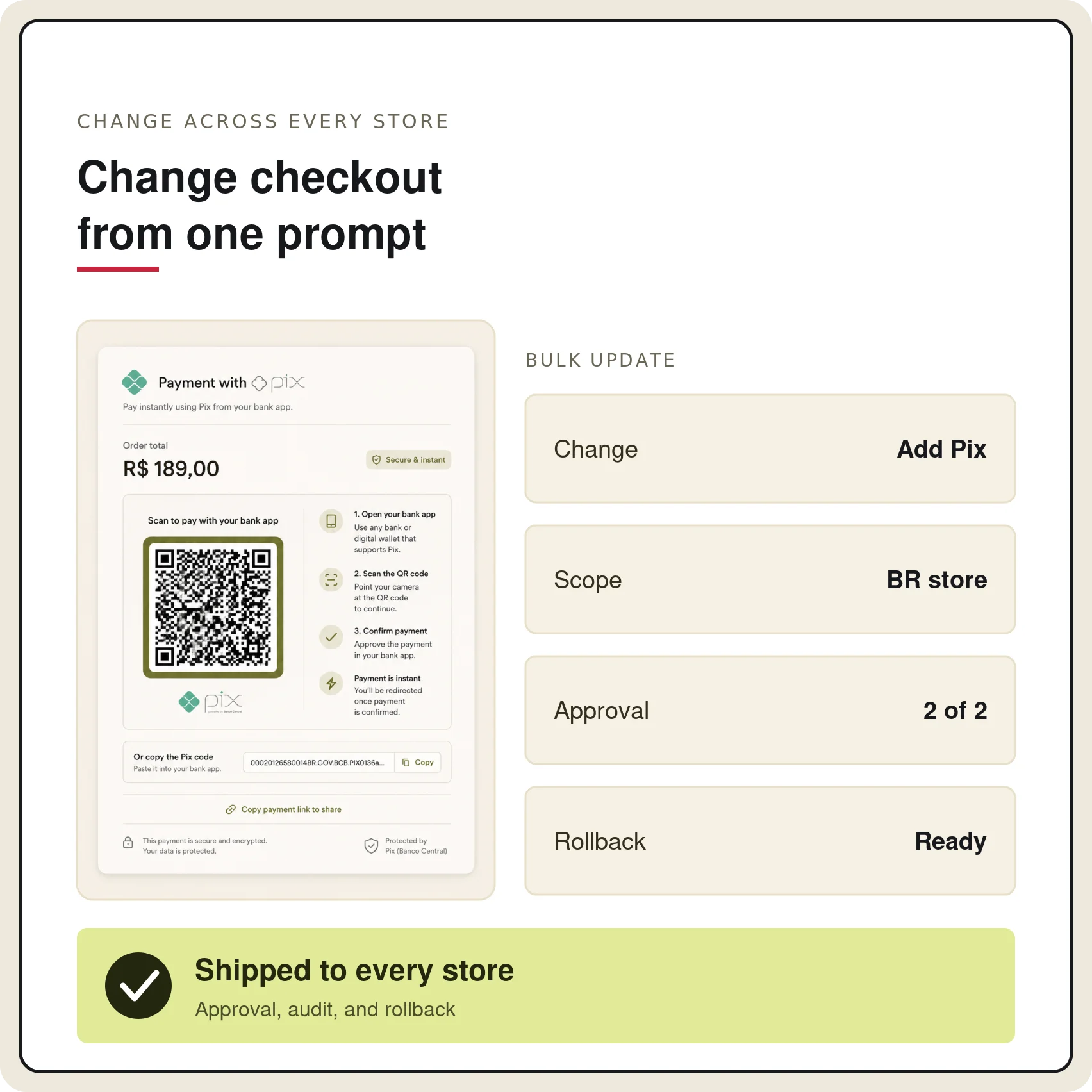 Checkout update showing Pix payment system with QR code and approval status.