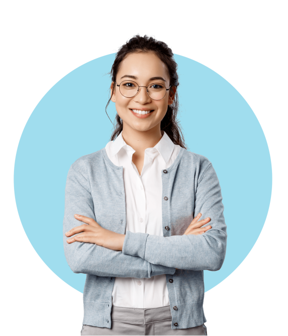 Smiling woman wearing glasses and light blue cardigan on blue background