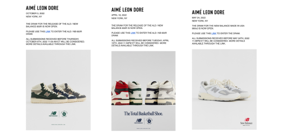 Aimé Leon Dore promotional image for New Balance shoe releases with various sneakers and dates.