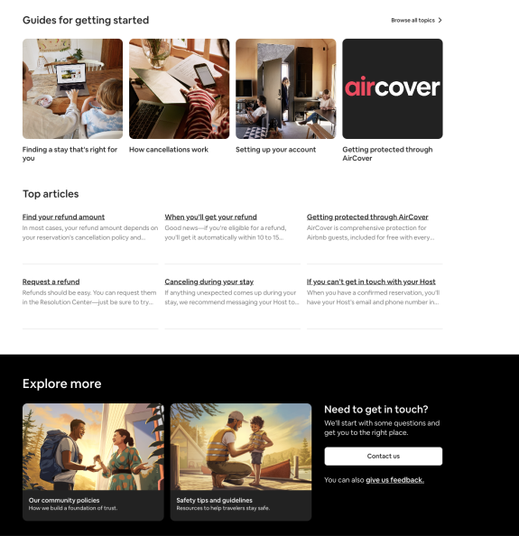 Airbnb webpage showing guides, top articles, and explore more sections.
