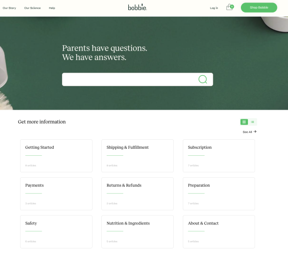 Bobbie website help center page with search bar and category links.