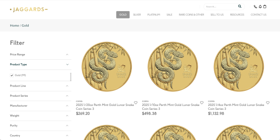 Gold Lunar Snake coins displayed on an ecommerce page with pricing and filters.