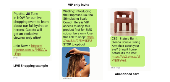 Image showing SMS marketing examples: live shopping event, VIP invite, and abandoned cart reminder.